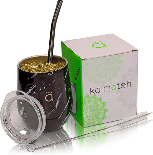 Kalmateh Yerba Mate Gourd - Double Walled Stainless Steel with BPA Free Lid, Bombilla Filter Straw & Bombilla Cleaner (Black Marble, 8 oz)