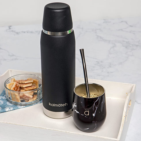 Kalmateh Yerba Mate Gourd - Double Walled Stainless Steel with BPA Free Lid, Bombilla Filter Straw & Bombilla Cleaner (Black Marble, 8 oz)
