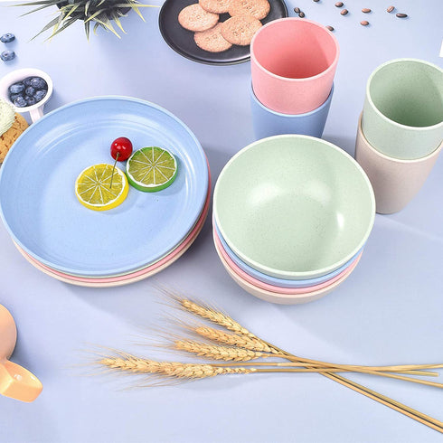 Lnrkai Dinnerware Sets of Wheat Straw Unbreakable, 12 PCS Lightweight Plates, Bowls, Cups Sets, (/4 per), Reusable Plastic Cereal Camping Dinnerware Set, Easy to Wash, Microwave Safe (4 colors)