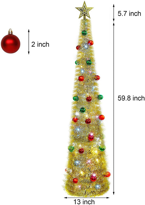 Joliyoou Artificial Christma Tree with Light, 5 FT Collapsible Tinsel Pop Up Christmas Tree with Christmas Balls & Tree Topper Battery Operated 48 LED Multi Colored Lights, Not Pre-lit (Golden)