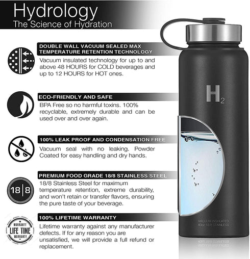 H2 Hydrology Adventure Water Bottle with 3 LIDS | Double Wall Vacuum Insulated Stainless Steel Wide Mouth | Sports Hot & Cold Leak Proof Sweat Free Thermos