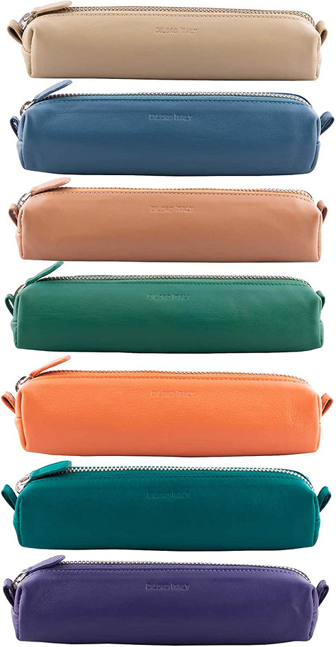 DiLoro Leather Zippered Fountain Ballpoint Rollerball Pens and Pencils Case Holder Pouch Genuine Full Grain Soft Nappa Leather (Bugatti Tan)