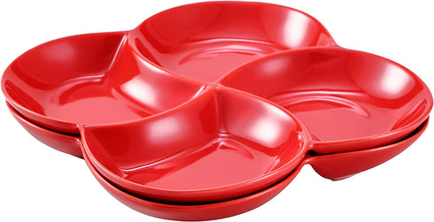 Christmas Dinner Serving Dish 8.5 inch Modern Set Of 2 Decorative Ceramic Appetizer 4 -Compartment Serving Platter Tray - Dessert Serving Plates, Red