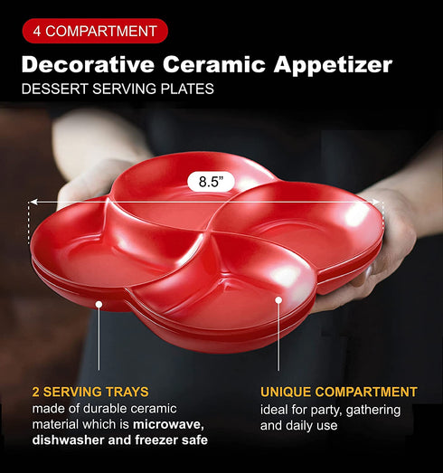 Christmas Dinner Serving Dish 8.5 inch Modern Set Of 2 Decorative Ceramic Appetizer 4 -Compartment Serving Platter Tray - Dessert Serving Plates, Red