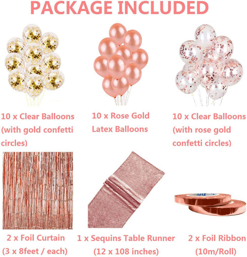 Rose Gold Balloons Party Decorations Supplies Set 35 Pack Include 30 Balloons, 2 Foil Fringe Curtains, 1 Rose Gold Sequin Table Runner, 2 Foil Ribbon for Birthday Party, Wedding,Xmas New Year Festival