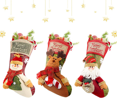 COOLWUFAN Christmas Stockings, 3 Pack 19" Personalized Xmas Stockings with 3D Snowflake Santa, Snowman, Reindeer for Family Holiday Christmas Party Decorations