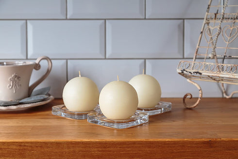 Set of 3 Sphere Ball Candles 3" Unscented Handpoured for Weddings, Home Decoration, Church, Restaurant, Spa, Smokeless Cotton Wick - Ivory
