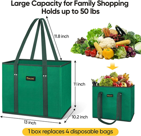 BALEINE 2 Pack Reusable Grocery Bags Shopping Bag with Reinforced Bottom and Handles (Green)
