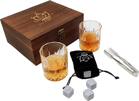 Whiskey Glasses and Stones Gift Set for Men, Whiskey Lover, Birthday, Anniversay, Retirement and Christmas. 2 old Fashiones Rock Glasses+ 8 Granite Chilling Rocks+Tongs+ Wooden Box