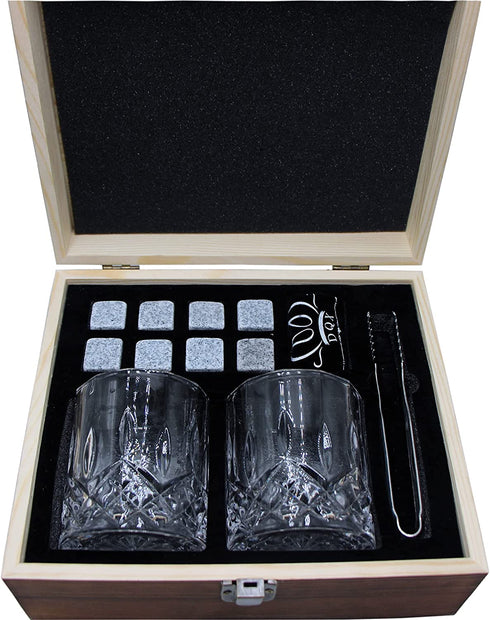 Whiskey Glasses and Stones Gift Set for Men, Whiskey Lover, Birthday, Anniversay, Retirement and Christmas. 2 old Fashiones Rock Glasses+ 8 Granite Chilling Rocks+Tongs+ Wooden Box