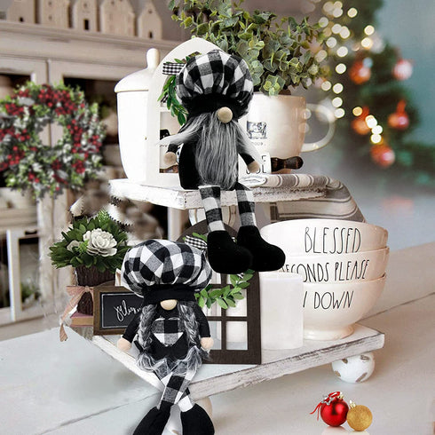 2 Pcs Buffalo Plaid Gnome Shelf Sitter,Farmhouse Gnome Plush Elf Decorations,Mr Gnome and Mrs Gnome Dolls, Handmade Elf Scandinavian Household Ornaments Kitchen Tiered Tray Décor