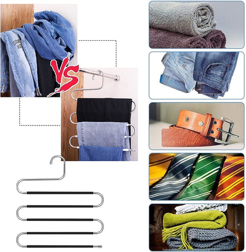 S-Shape Pants Hangers Space Saving Trousers Hangers 4 Pack, 5 Layer Stainless Steel S-Shape Trousers Hangers