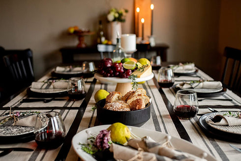 Solino Home Linen Stripe Table Runner 14 x 108 Inch, Black and Natural, European Flax 100% Pure Linen French Stripe Table Runner Handcrafted