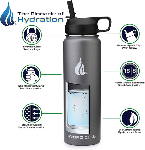 HYDRO CELL Stainless Steel Water Bottle w/ Straw & Wide Mouth Lids (64oz 40oz 32oz 24oz 18oz 14oz) - Keeps Liquids Perfectly Hot or Cold with Double Wall Vacuum Insulated Sweat Proof Sport Design (Graphite 24 oz)