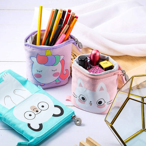 3 Pieces Telescopic Stand Up Pencil Case Box Transformer Stand Store Pencil Holder Cute Cartoon Standing Pen Pouch Dual-Use Canvas Storage Stationery Bags for Teen Girls Boys (Cat, Bear, Unicorn)