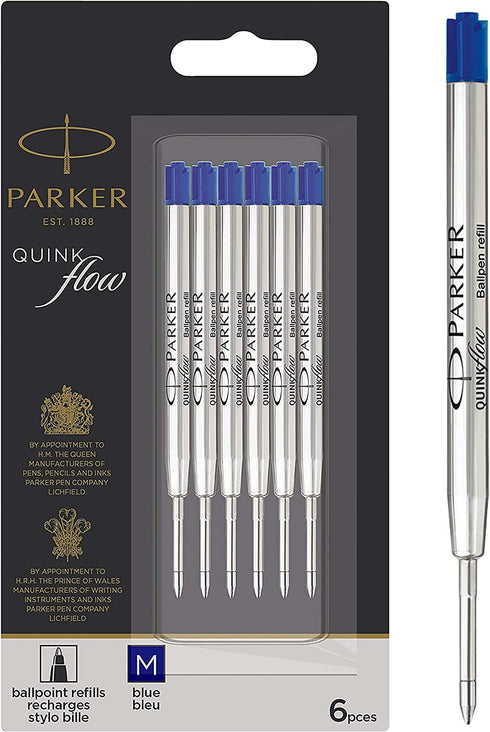 Parker QUINKflow Ballpoint Pen Ink Refills, Medium Tip, Blue, 6 Count Value Pack (2025156)