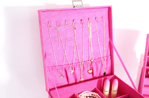 PENGKE 2 Layer Jewelry Box for Women 36 grid necklace or jewelry holder organizer with lock,Rose Red Pack of 1