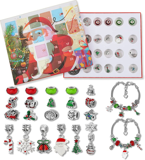 Christmas Countdown Calendar 2021, Advent Calendar for Girls, DIY Bracelet of 2 Making Kit with 22 Charms Beads, Xmas Theme Gifts for Girls Kids Women, Red
