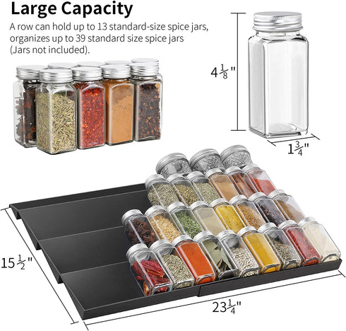 QIZENME Spice Rack, Spice Drawer Organizer for Kitchen Drawer Cabinets- Adjustable 4 Slanted Tier Spice Storage Organizer Insert for Drawer Kitchen, Expands 12"to 24", Black
