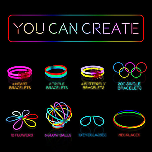 Glow Sticks Bulk Party Supplies 458 Piece Glow in The Dark Party Favors Pack for Kids/Adults with 200 Super Bright Glowsticks and Connectors for Bracelets, Necklaces, Glasses, Flower Balls