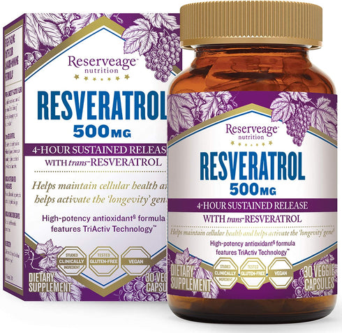 Reserveage, Resveratrol 500 mg, Antioxidant Supplement for Heart and Cellular Health, Supports Healthy Aging, Paleo, Keto, 30 Capsules