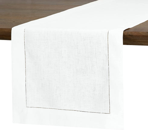 D'Moksha Homes White Table Runner - 14 x 54 Inch, 100% Pure Linen Hemstitch Table Runners 54 inches Long, Machine Washable, Easter Table Runner, Perfect for Spring Summer Mother's Day