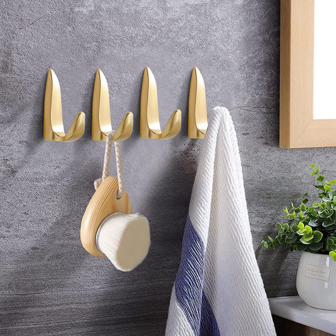 Gold Wall Hooks Coat Hooks 4 Pack Towel Hooks for Bathrooms Heavy Duty Hanging Robe Hooks, Gold Single Hooks for Bathroom Kitchen Garage Home Hotel