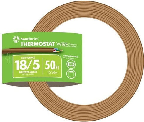 Southwire 64169622 5 Conductor 18/5 Thermostat Wire, 18-Gauge Solid Copper Class 2 Power-Limited Circuit Cable, 50-Feet, Brown