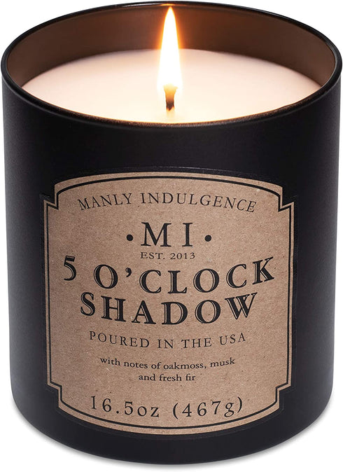 Manly Indulgence 5 O'Clock Shadow Jar Candle 16.5 oz - Oakmoss & Zesty Citrus Hints - Musk & Fresh Fir - Up to 60 Hour Burn - Soy Blend Wax, USA Poured