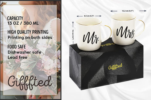 Triple Gifffted Mr and Mrs Coffee Mugs Gifts, For Wedding, Anniversary, Engagement, Present For Couples, Women, Bride Groom, Christmas, Bridal Shower, Valentines, His and Her Set, Couple Mug Gift