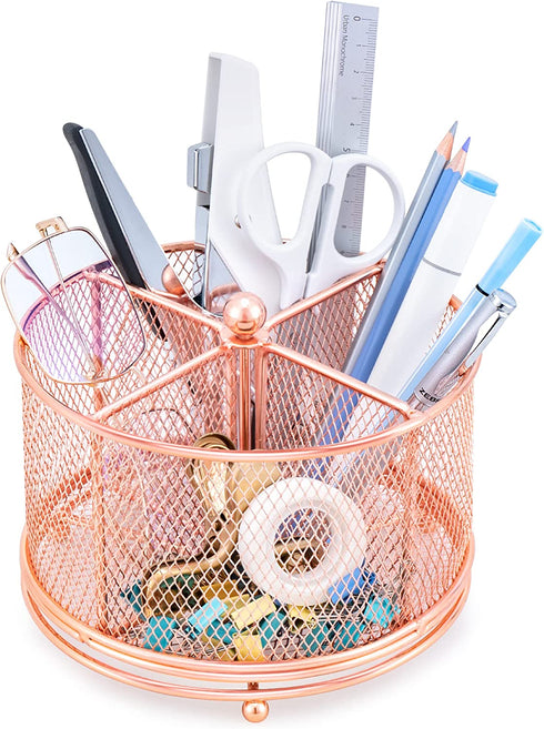 Rose Gold Mesh Desk Organizer, Varhomax Pen Holder Desktop Storage Caddy, Rotating 360-Degree Pencil Holder for Home Office Multi-Functional 4 Compartments Large Storage Capacity