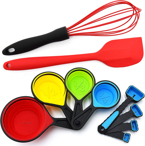 Silicone Whisk - Collapsible Measuring Cups and Spoons - Baking Spatula - 10 Piece Set - Cooking Kitchen Utensils