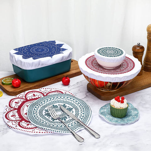 12 Pieces Reusable Bowl Covers Elastic Food Covers Fabric Bowl Covers with 5 Sizes Rustic Cloth Stretchy Dish Covers Washable Food Cover for Bread Proofing Kitchen Container (Mandala Style)