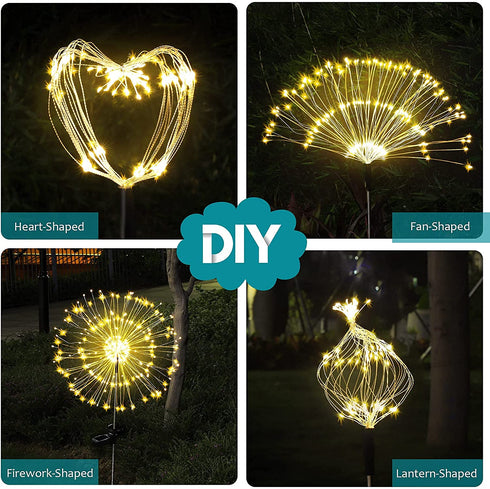 JJGoo Solar Garden Lights, 2 Pack 120 LEDs 2 Lighting Modes Waterproof Fireworks Light for Outdoor Patio Walkway Pathway Decorative - Warm White