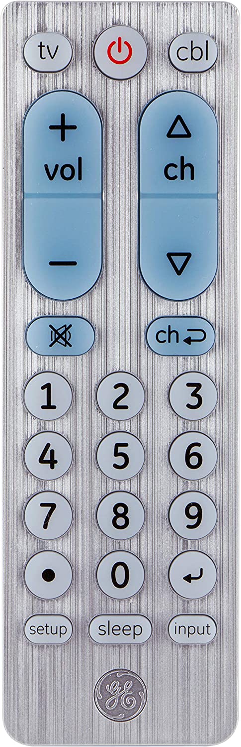 GE Big Button Universal Remote Control for Samsung, Vizio, Lg, Sony, Sharp, Roku, Apple TV, TCL, Panasonic, Smart TVs, Streaming Players, Blu-Ray, DVD, 2-Device, Silver, 33701