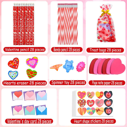 28 Pack Valentines Day Gifts for Kids , Valentines Cards Stickers Pencils Boys Girls, 252 PCS Valentine Exchange Party Favors Toys for School Classroom