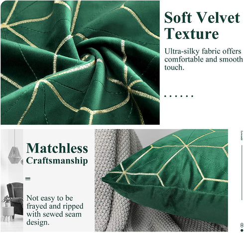 Lewondr Golden Embroidery Velvet Throw Pillow Cover, 2 Pack Soft Velvet Throw Pillow Case Golden Lines Embroidered Rhombus Pattern Back Cushion Cover for Car Sofa Bed 18"x18"(45x45cm), Dark Green