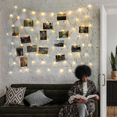 Hanging Photo Display 3.3x3.3 Ft, 75 LED Net Photo Clips String Light with 25 Clips and Remote, 8 Modes USB Operated Fairy Lights for Home Bedroom Indoor Wall Decoration (Warm White)