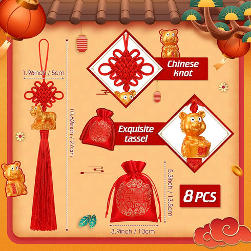 16 Pieces 2022 Chinese New Year Decorations Chinese Knot with New Year Tiger Charm Red Blessing Bag with Fringe Chinese Feng Shui Tiger Tassel for New Year Home Wealth Success Good Luck Success