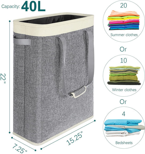 40L Narrow Laundry Basket with Padded Handle, 22" Slim Laundry Hamper Foldable, Thin Dirty Clothes Basket for Dorm Organize, Skinny Laundry Hamper for Small Space, Closet Bedroom, Bathroom Corner