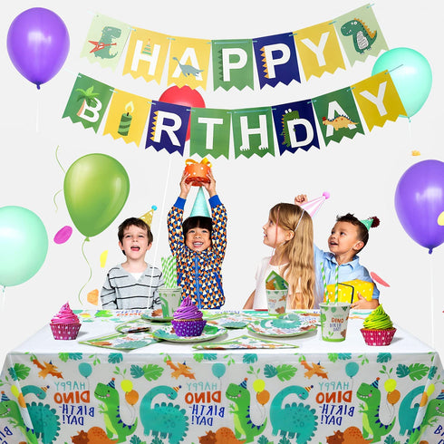 Dinosaur Birthday Party Supplies,Serves 20 Dinosaur Plates Napkins Cups and Tablecloth Banners Straws Set for Dinosaur Theme Birthday Party Decorations for Boys Kids Disposable Dinner Tableware Set