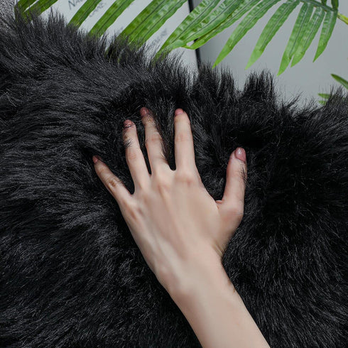 No Insert Faux Fur Sheepskin Throw Pillow Cover 18x18 Set of 2 Merino Style Super Soft Fluffy Cushion Fuzzy Pillow Case New Luxury Series for Livingroom Couch Sofa Bed Home Decor LINMOPM (Black)