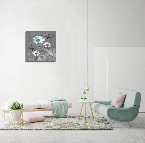 Colla Canvas Print Wall Art Teal Purple Daisy Flower Butterflies Decorative Paintings Modern Home Wall Decor for Bedroom Living Room Bathroom Framed Ready to Hang 12x12 Inches