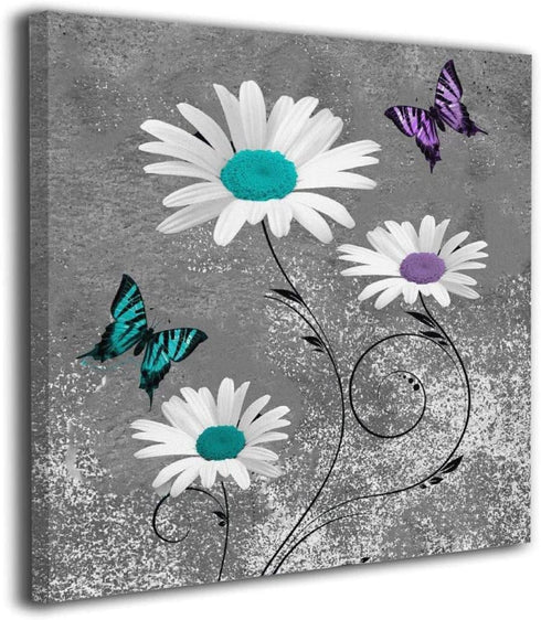 Colla Canvas Print Wall Art Teal Purple Daisy Flower Butterflies Decorative Paintings Modern Home Wall Decor for Bedroom Living Room Bathroom Framed Ready to Hang 12x12 Inches