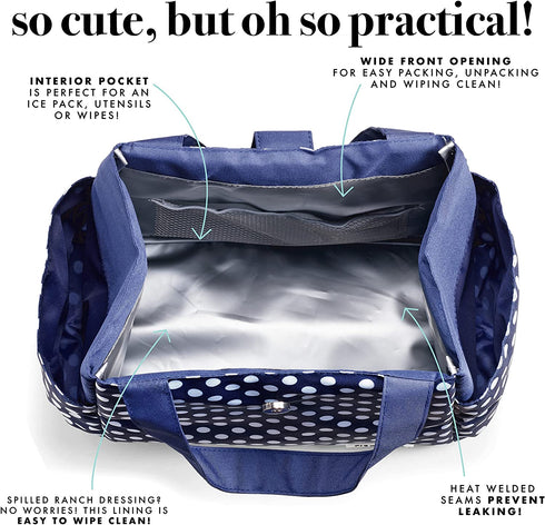 Fit + Fresh Westport Insulated Lunch Bag, Lunch Bag for Women, Reusable Lunch Box, Perfect for Work, School, Beach & More, Classic Navy Dot