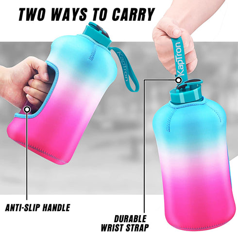 Kaptron Gym Water Bottle with Case - Bodybuilding Water Bottle - Strong Durable 2.2 Litre Water Bottle with Handle - BPA Free Large Half Gallon Sports Water Bottles (Blue Pink, Medium)
