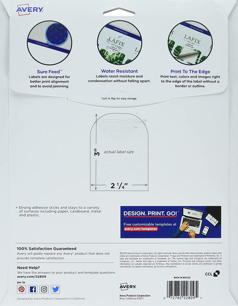 Avery Arched Labels with Sure Feed for Laser Printers, Water Resistant, 3" x 2.25", 90 Labels (22809)