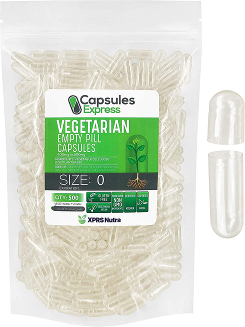 XPRS Nutra Size 0 Empty Capsules - 500 Count Clear Empty Vegan Capsules - Capsules Express Vegetarian Empty Pill Capsules- DIY Vegetable Capsule Filling- Veggie Pill Capsules Empty Caps