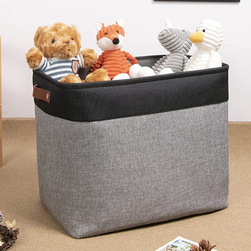 DULLEMELO Large Collapsible Storage Basket/Bin with Durable Leather Handles, Fabric Organizer Bin for Storage Clothes, Toys, Books, Office, Bedroom, Closet, Nursery & Laundry (Black&Gray)