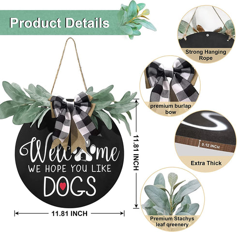 Welcome Sign for Front Door Decor - We Hope You Like Dogs,Outdoor Wooden Wreath Sign Farmhouse Door Hanger Sign with Eucalyptus Leaves and Buffalo Plaid Bow for Dogs Lovers Christmas Housewarming Gift